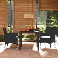 Ensemble à dîner de jardin avec coussins 3 pcs poly rotin noir alsavelo