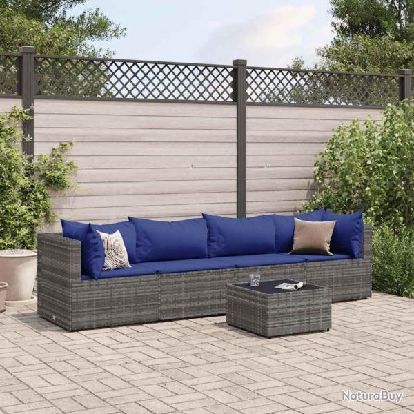 Salon de jardin 5 pcs avec coussins Gris Rsine tresse alsavelo