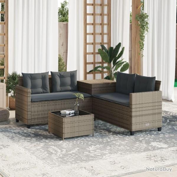 Canap de jardin avec table et coussins en forme de L gris alsavelo