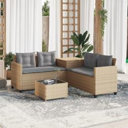 Canapé de jardin avec table et coussins en forme de L beige alsavelo