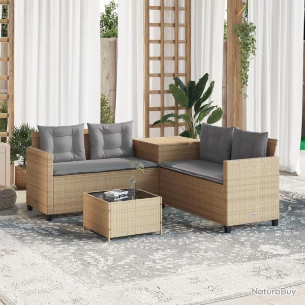 Canap de jardin avec table et coussins en forme de L beige alsavelo
