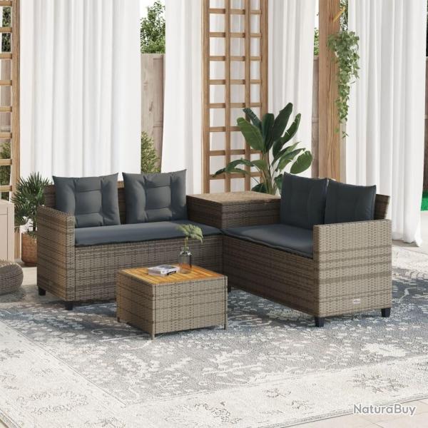 Canap de jardin avec table et coussins en forme de L gris alsavelo