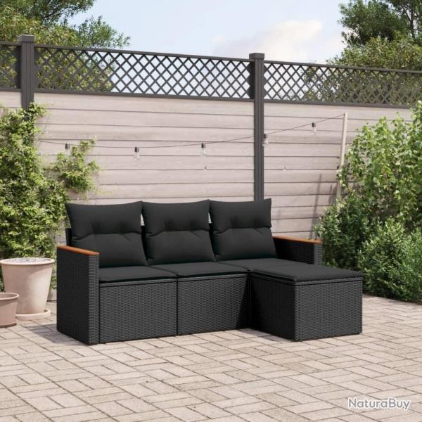 Salon de jardin 4 pcs avec coussins noir rsine tresse alsavelo