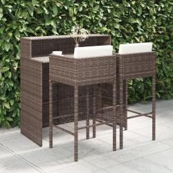 Meubles de bar de jardin 3pcs et coussins Résine tressée Marron alsavelo