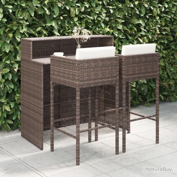 Meubles de bar de jardin 3pcs et coussins Rsine tresse Marron alsavelo