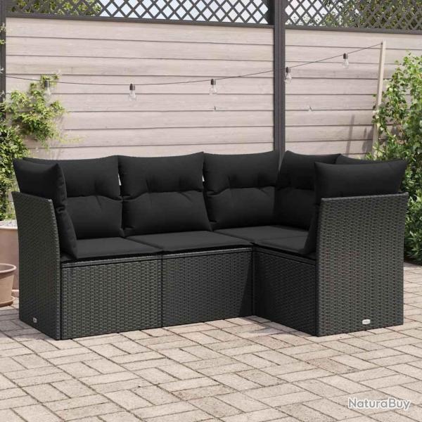 Salon de jardin 4 pcs avec coussins noir rsine tresse alsavelo