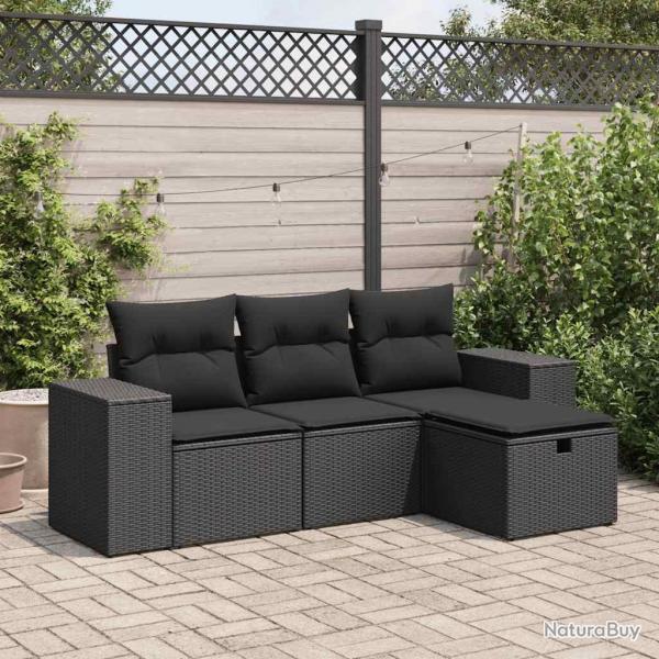 Salon de jardin 4 pcs avec coussins noir rsine tresse alsavelo