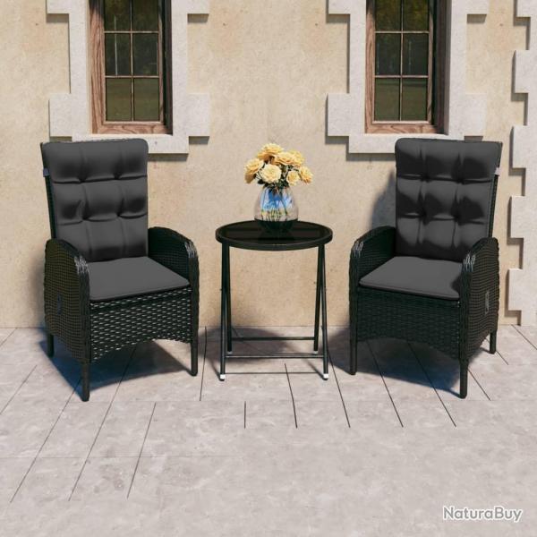 bistro de jardin 3 pcs Rsine tresse et verre Noir alsavelo