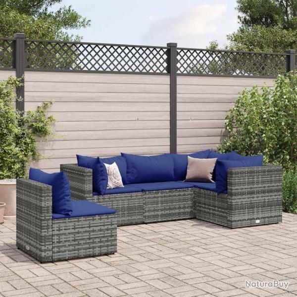 Salon de jardin 5 pcs avec coussins Gris Rsine tresse alsavelo