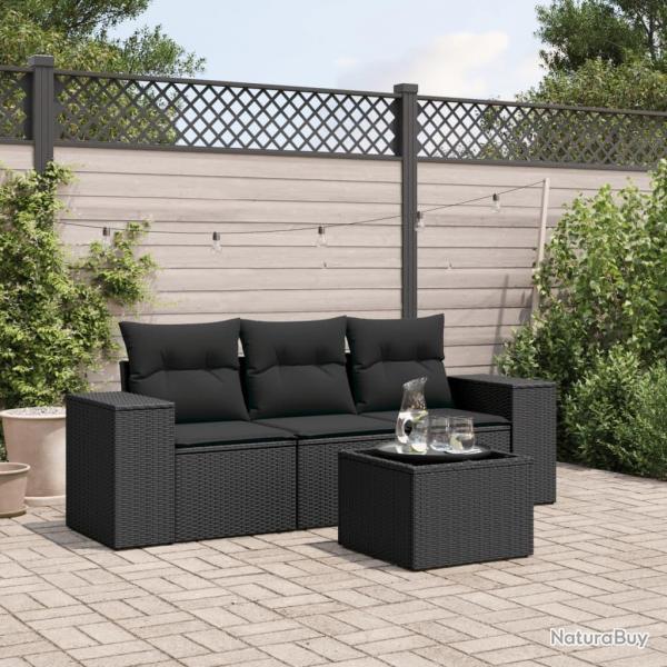Salon de jardin 4 pcs avec coussins noir rsine tresse alsavelo
