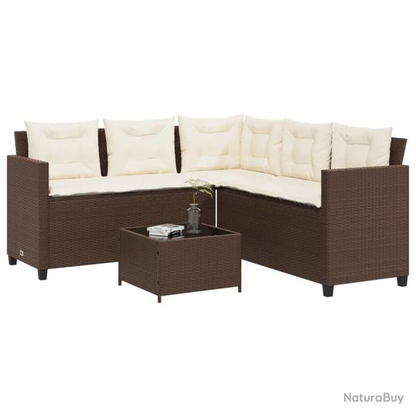 Canap de jardin avec table et coussins en forme de L marron alsavelo