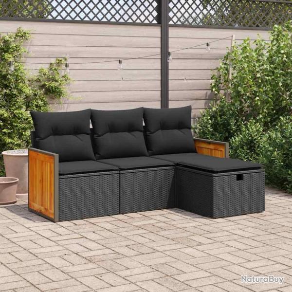 Salon de jardin 4 pcs avec coussins noir rsine tresse alsavelo
