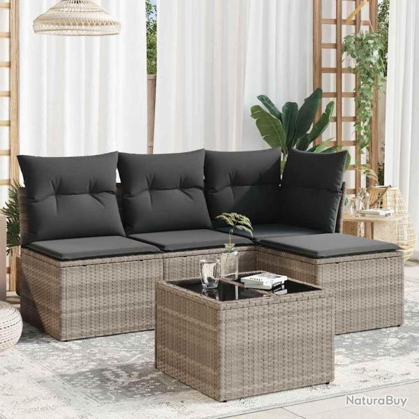 Salon de jardin 5 pcs avec coussins gris clair rsine tresse alsavelo