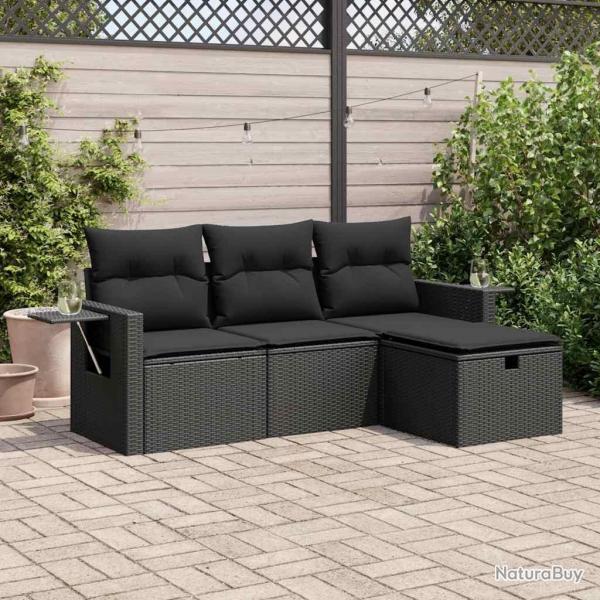 Salon de jardin 4 pcs avec coussins noir rsine tresse alsavelo