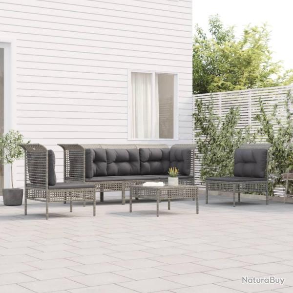 Salon de jardin 6 pcs avec coussins Gris Rsine tresse alsavelo