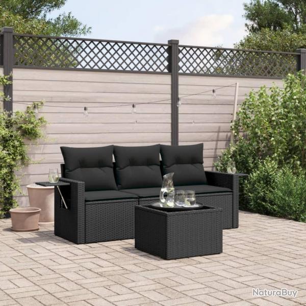 Salon de jardin 4 pcs avec coussins noir rsine tresse alsavelo