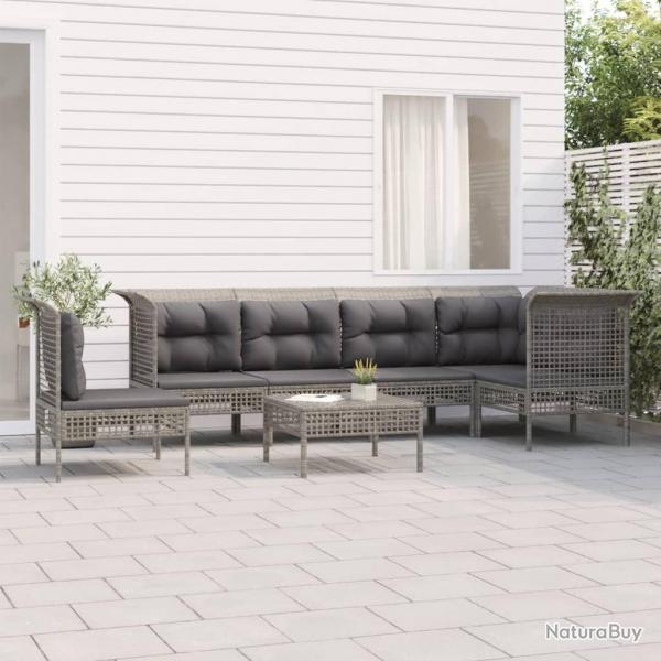 Salon de jardin 7 pcs avec coussins Gris Rsine tresse alsavelo