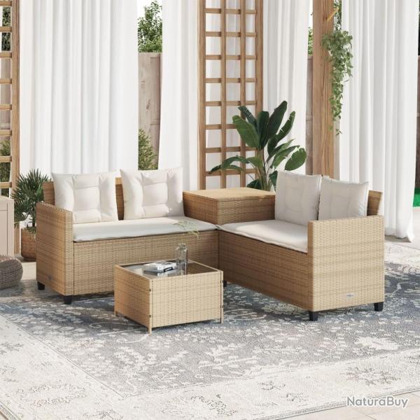 Canap de jardin avec table et coussins en forme de L beige alsavelo