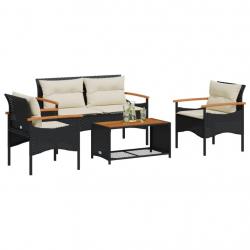 Salon de jardin 4 pcs avec coussins noir résine tressée alsavelo