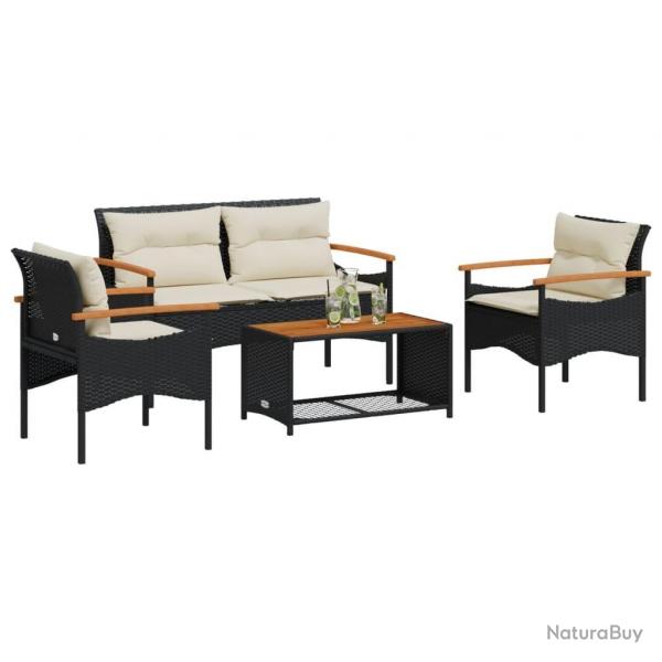 Salon de jardin 4 pcs avec coussins noir rsine tresse alsavelo