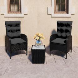 bistro de jardin 3 pcs Résine tressée et verre Noir alsavelo