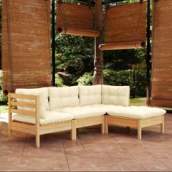 Salon de jardin 4 pcs avec coussins crème Bois de pin alsavelo