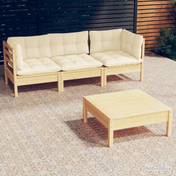Salon de jardin 4 pcs avec coussins crme Bois de pin alsavelo