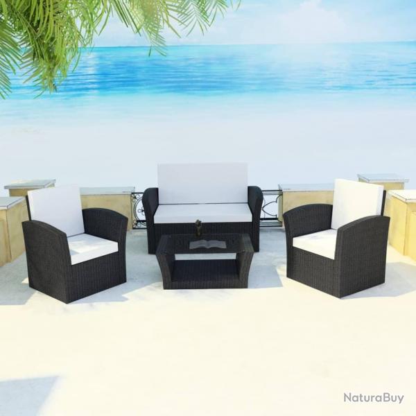 Salon de jardin 4 pcs avec coussins Rsine tresse Noir alsavelo