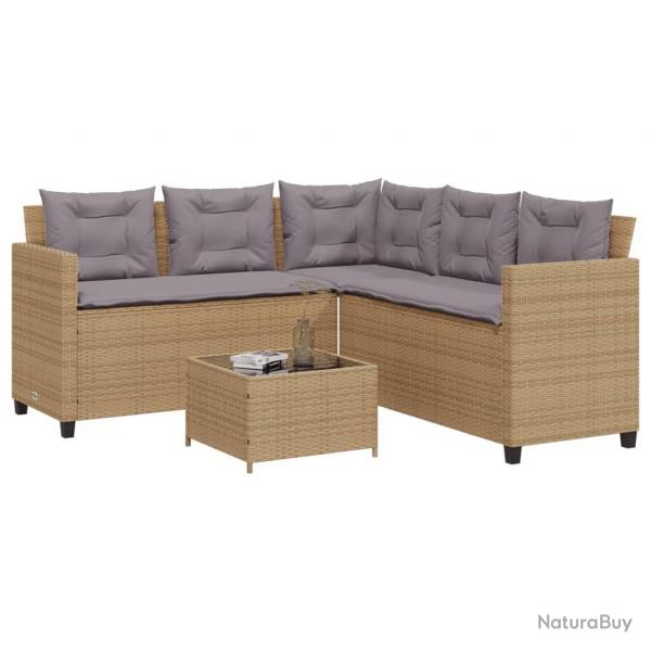 Canap de jardin avec table et coussins en forme de L beige alsavelo