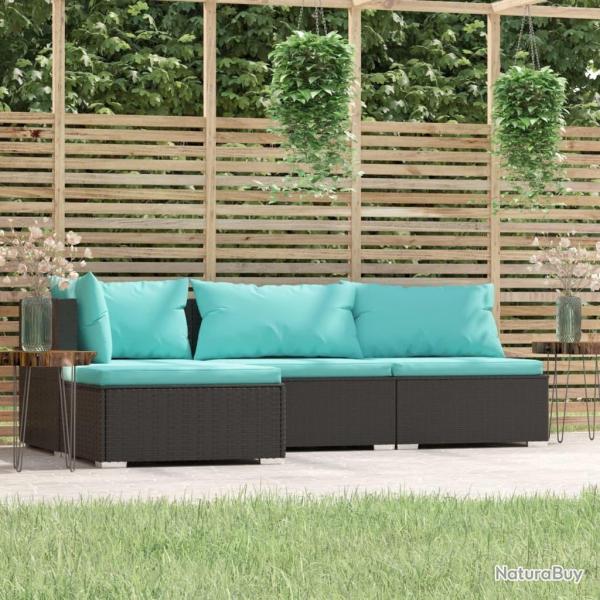 Salon de jardin 4 pcs avec coussins Noir Rsine tresse alsavelo