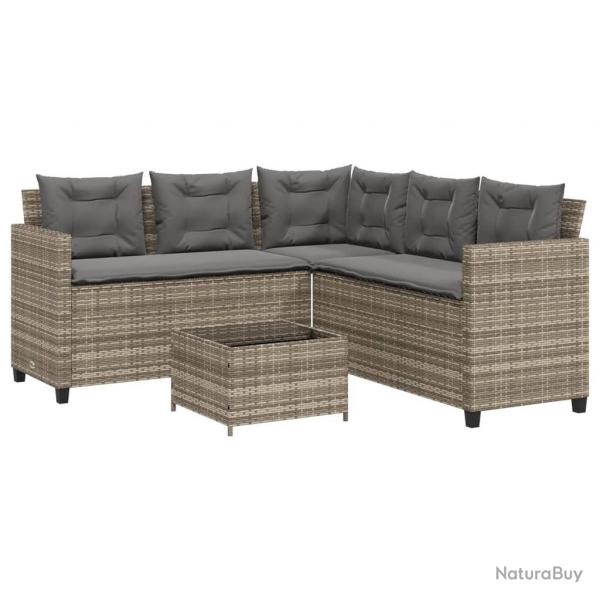 Canap de jardin avec table et coussins en forme de L gris alsavelo