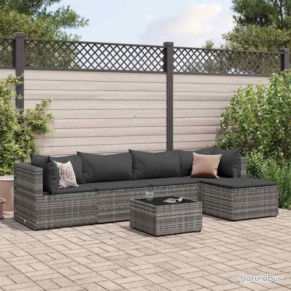 Salon de jardin 6 pcs avec coussins Gris Rsine tresse alsavelo