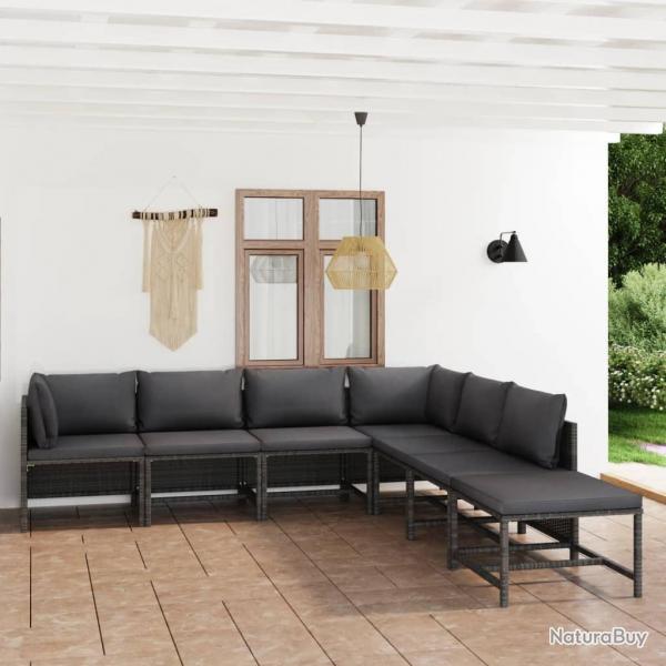 Salon de jardin 7 pcs avec coussins Rsine tresse Gris alsavelo