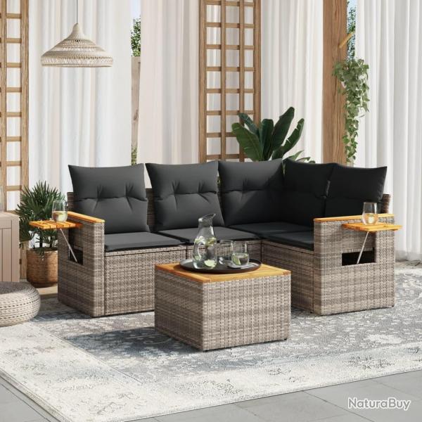 Salon de jardin 5 pcs avec coussins gris rsine tresse alsavelo