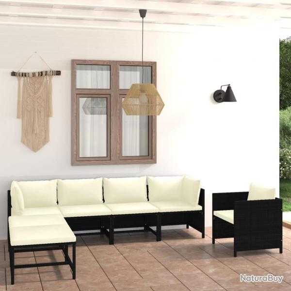 Salon de jardin 7 pcs avec coussins Rsine tresse Noir alsavelo