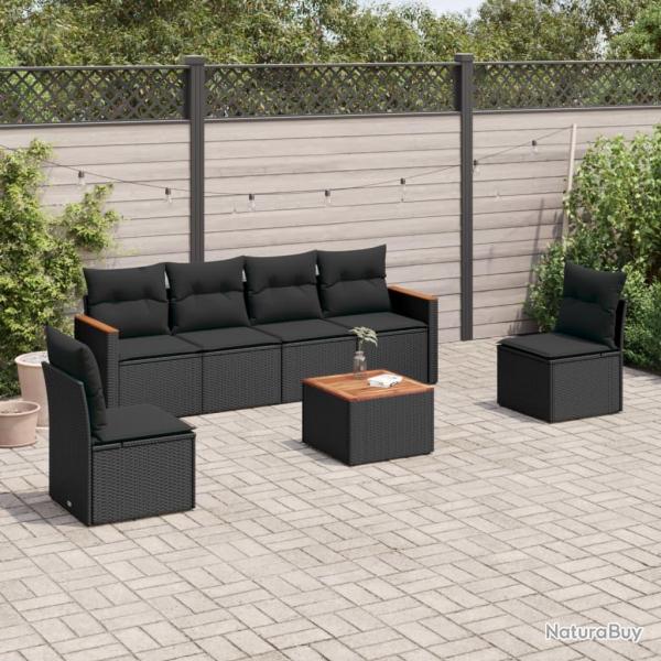 Salon de jardin 7 pcs avec coussins noir rsine tresse alsavelo