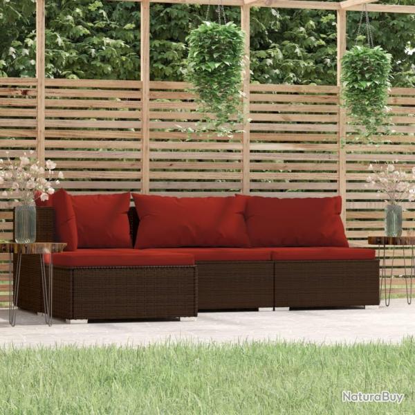 Salon de jardin 4 pcs avec coussins Marron Rsine tresse alsavelo