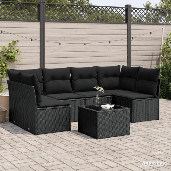 Salon de jardin 7 pcs avec coussins noir rsine tresse alsavelo