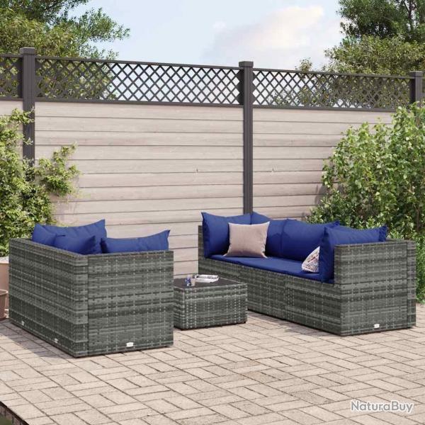 Salon de jardin 6 pcs avec coussins Gris Rsine tresse alsavelo