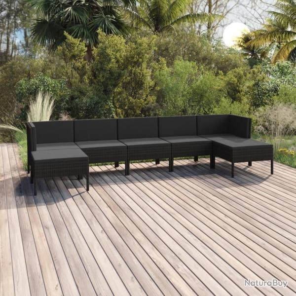 Salon de jardin 7 pcs avec coussins Rsine tresse Noir alsavelo