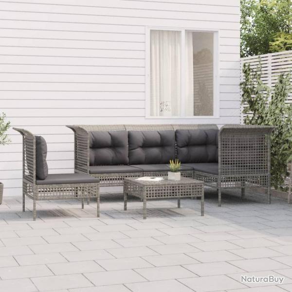 Salon de jardin 6 pcs avec coussins Gris Rsine tresse alsavelo