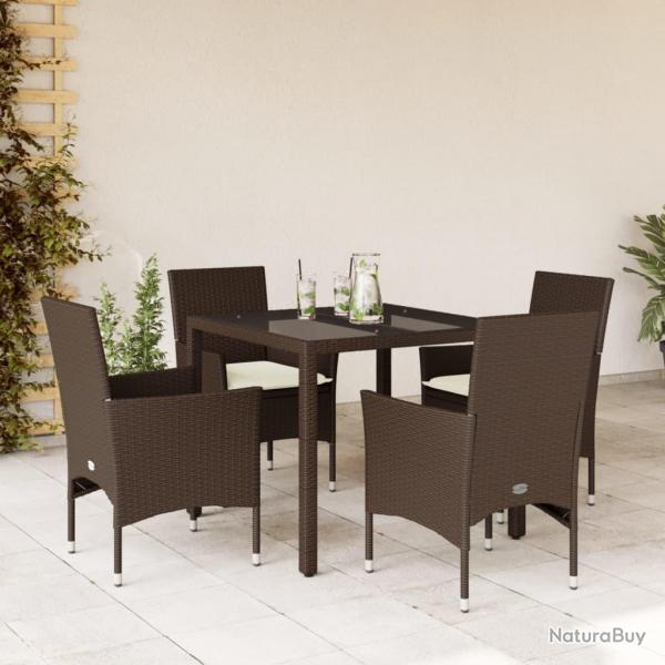 Ensemble  manger de jardin et coussins 5pcs marron rotin verre alsavelo