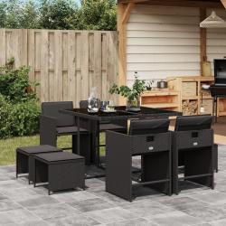 Ensemble à manger de jardin 9pcs coussins noir résine tressée alsavelo
