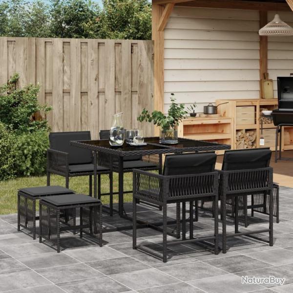 Ensemble  manger de jardin 9pcs coussins noir rsine tresse alsavelo