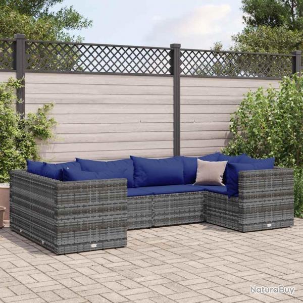 Salon de jardin 6 pcs avec coussins Gris Rsine tresse alsavelo