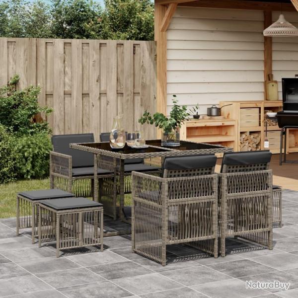 Ensemble  manger de jardin 9 pcs coussins gris rsine tresse alsavelo