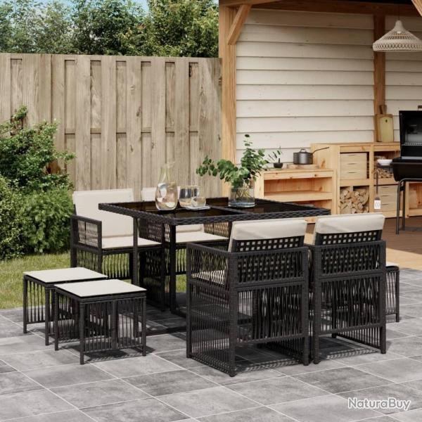 Ensemble  manger de jardin 9pcs coussins noir rsine tresse alsavelo