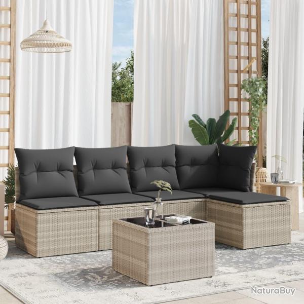 Salon de jardin 6 pcs avec coussins gris clair rsine tresse alsavelo