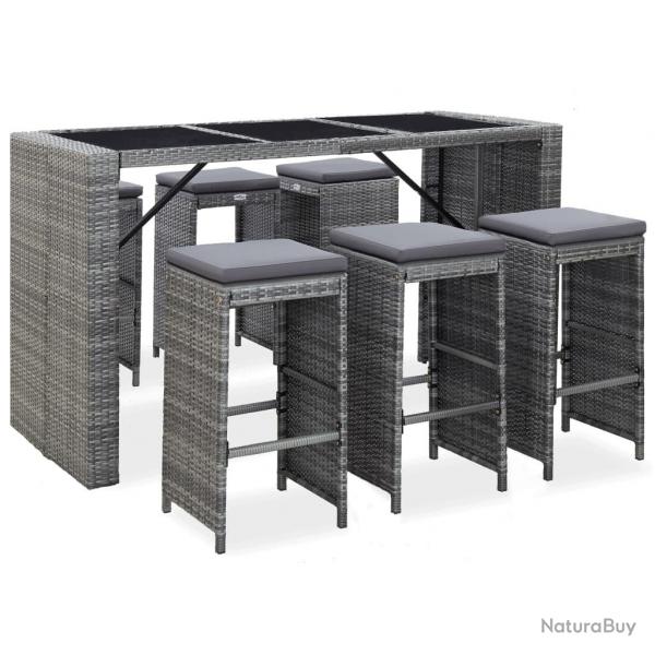 Meuble de bar de jardin 7 pcs et coussins Rsine tresse Gris alsavelo