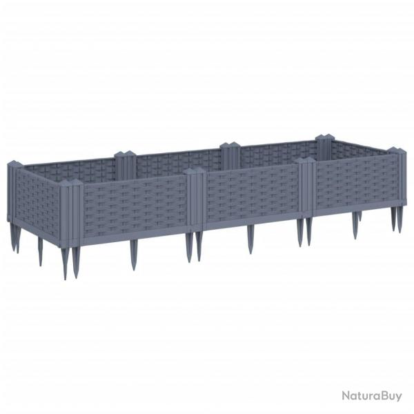 Jardinire bac lit surlev plantes fleurs terrasse jardin avec piquets 125 x 40 x 28,5 cm PP gris